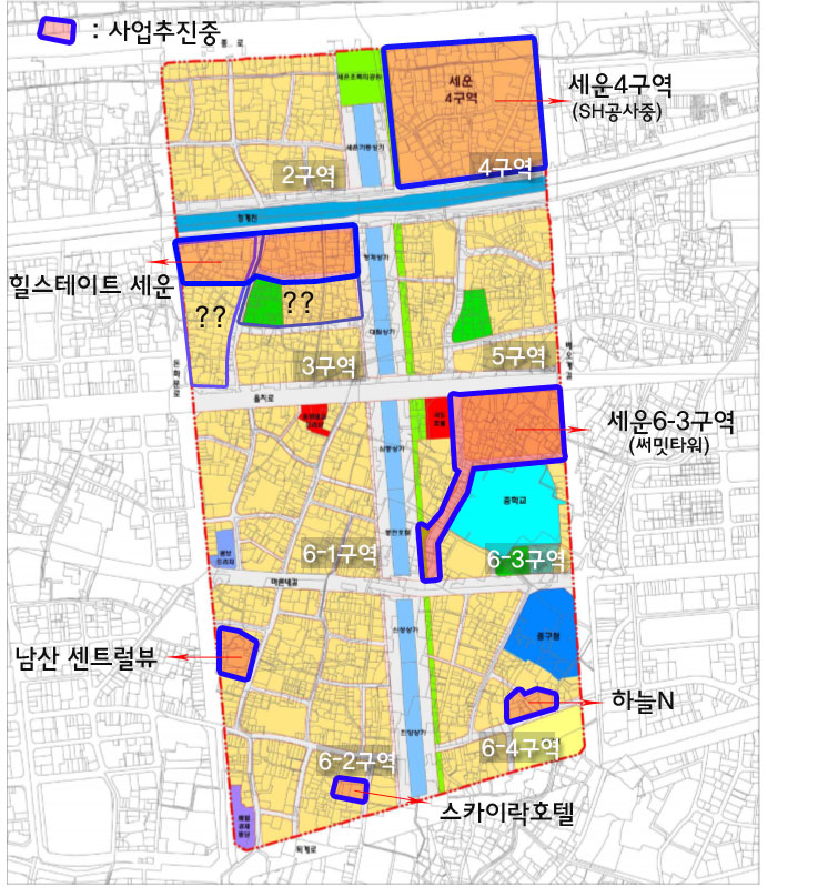세운상가재개발 구역별 진행사항을 지도에 그림으로 표시